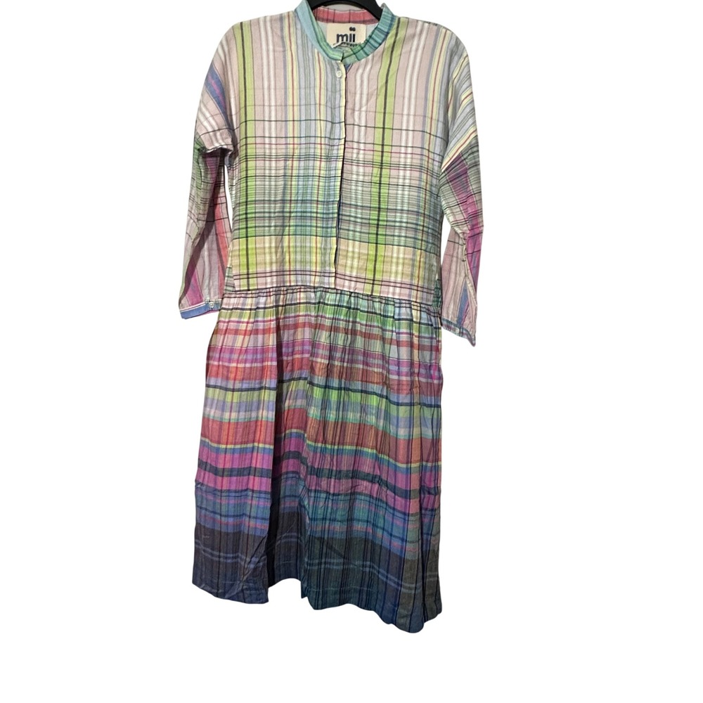 Mii Au Jardin Womens Medium Rainbow Plaid Cotton Drop Waist Midi Dress Handmade